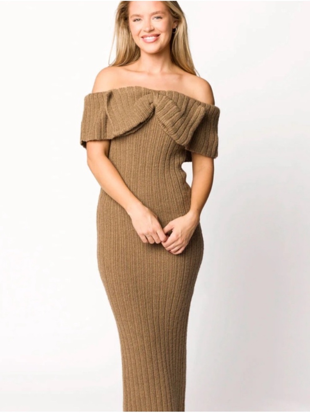 Aston Bow Front Maxi Sweater Dress in Brown / Tan - NWT - Sold Out
